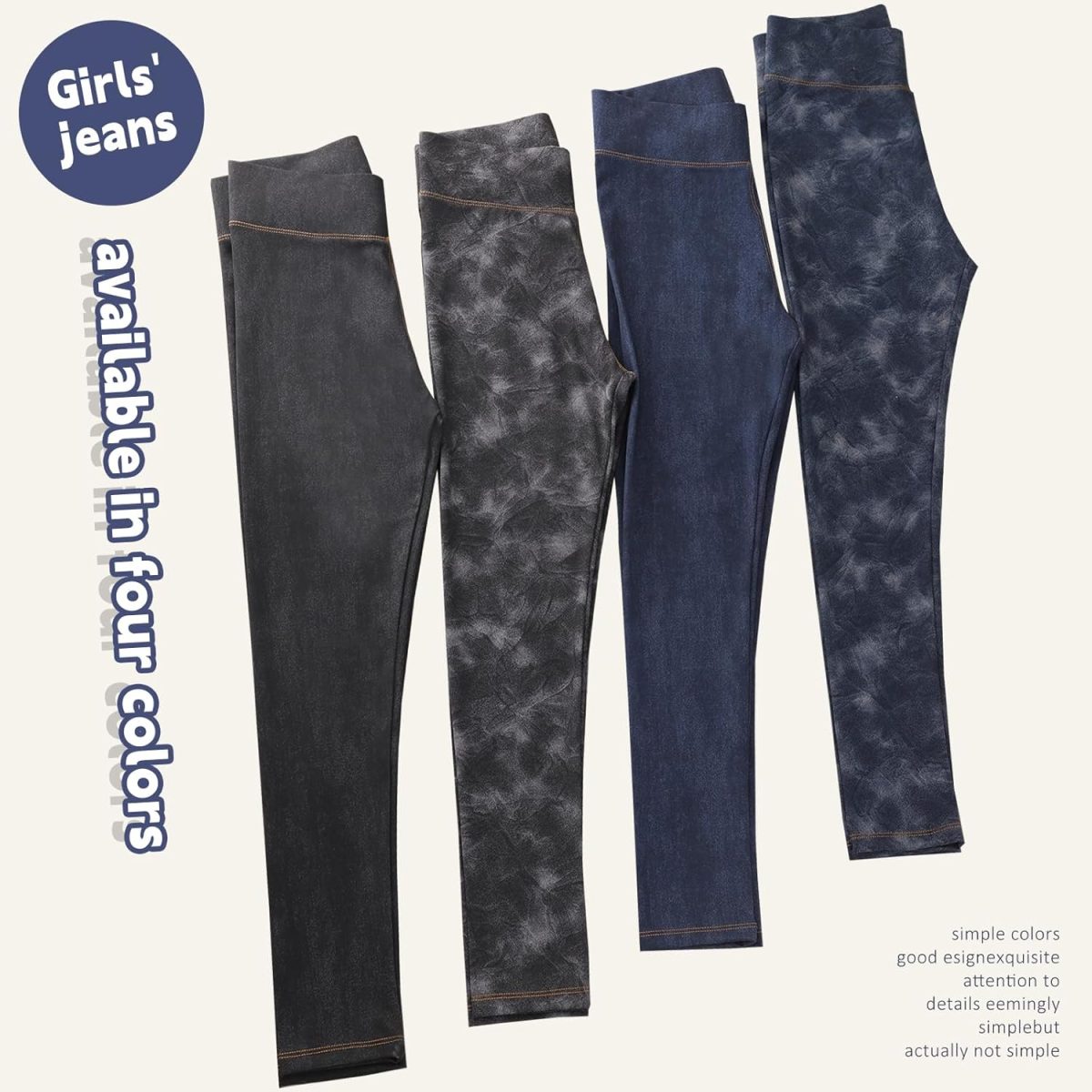 ⁦Chicduo 4 Pack Girls Leggings Girls Imitation Denim Print Leggings Girl's Stretchy Pants Kids High Waist Slim Pants⁩ - الصورة ⁦2⁩