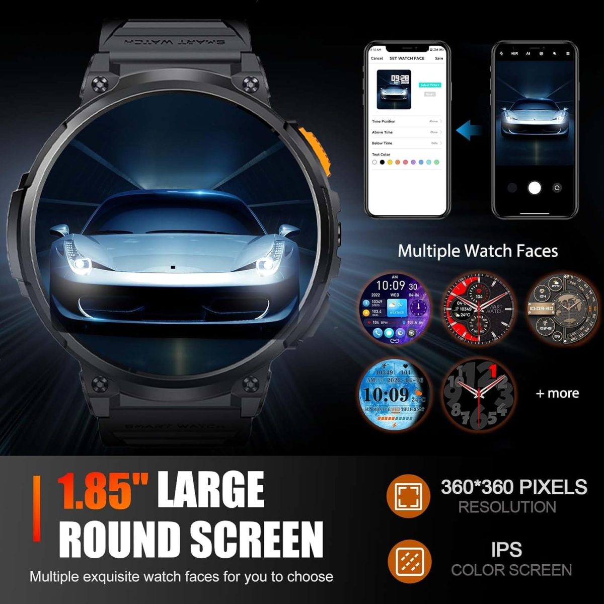 ⁦Military Smart Watches for Men with LED Flashlight 1.85" Large Screen 730mAh Big Battery Activity Tracker with Bluetooth Call Sport Modes Health Monitor Outdoor Tactical Smartwatch for iPhone Android⁩ - الصورة ⁦4⁩
