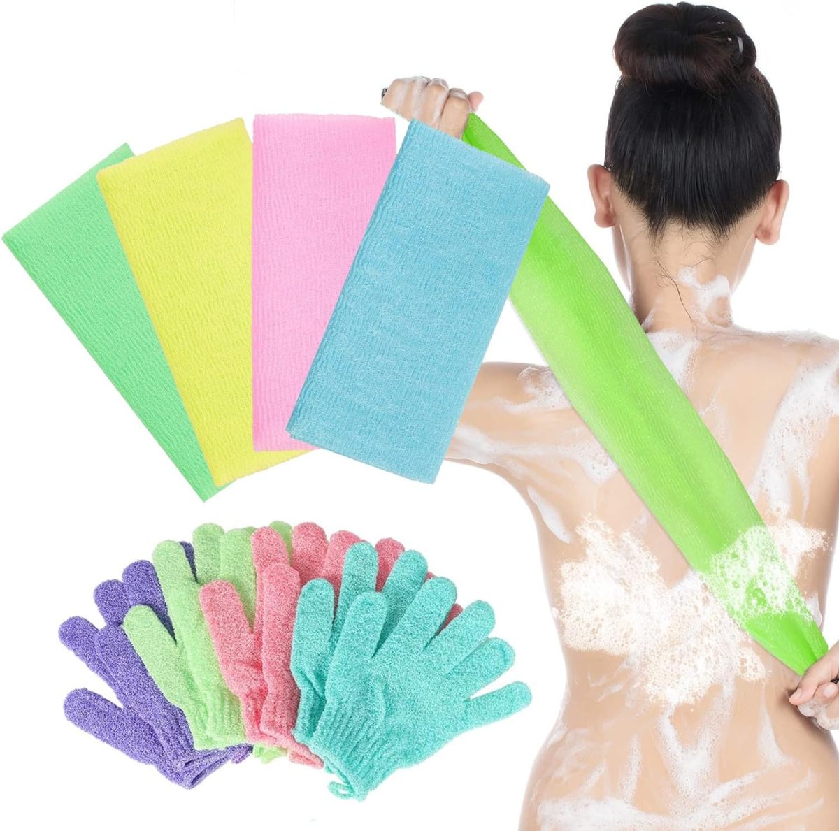 Hepiide [Upgrade]12Pcs Shower Gloves Body Exfoliating Wash Gloves Set, 4 Body Scrubber Nylon Back Washer, 8 Pcs Scrub mitts for Women Men Skin Stretchable Pull Strap Washcloth (Multi)