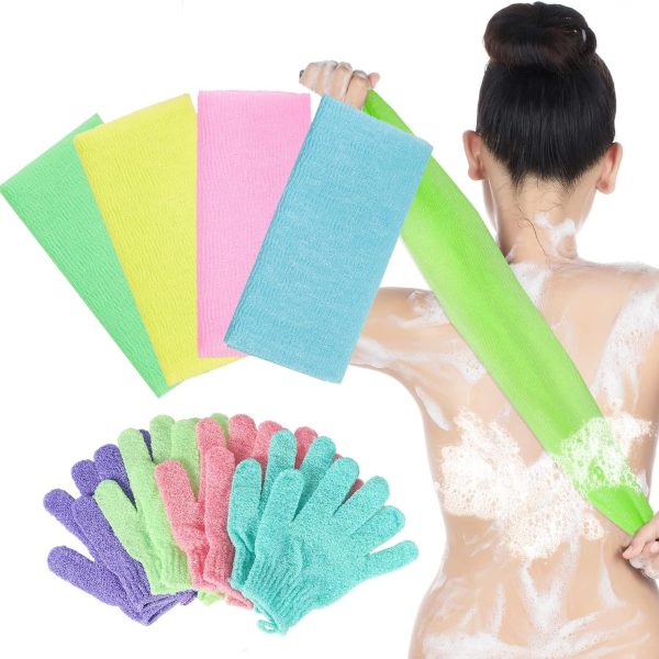 Hepiide [Upgrade]12Pcs Shower Gloves Body Exfoliating Wash Gloves Set, 4 Body Scrubber Nylon Back Washer, 8 Pcs Scrub mitts for Women Men Skin Stretchable Pull Strap Washcloth (Multi)