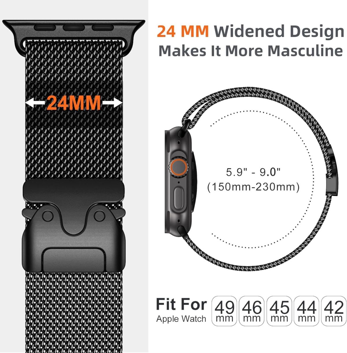 ⁦Upeak Band Compatible with Apple Watch Ultra 2/Ultra 49mm, Stainless Steel Mesh Loop Band with Parachute-style Buckle for Apple Watch Series 10 46mm, 9/8/7 45mm, SE2/SE/6/5/4 44mm, 3/2/1 42mm⁩ - الصورة ⁦4⁩