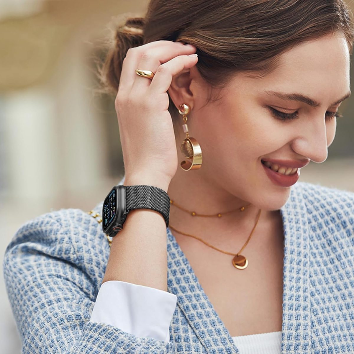 ⁦Upeak Band Compatible with Apple Watch Ultra 2/Ultra 49mm, Stainless Steel Mesh Loop Band with Parachute-style Buckle for Apple Watch Series 10 46mm, 9/8/7 45mm, SE2/SE/6/5/4 44mm, 3/2/1 42mm⁩ - الصورة ⁦9⁩