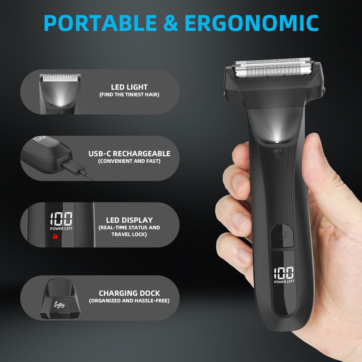⁦INVJOY Manscape Body Trimmer for Men, Waterproof Electric Razor/Shavers with Dual-Head for Facial, Pubic & Groin Hair Grooming, Ceramic & Foil Blades Hair Trimmer with LED - Birthday Gift for Him Dad⁩ - الصورة ⁦7⁩