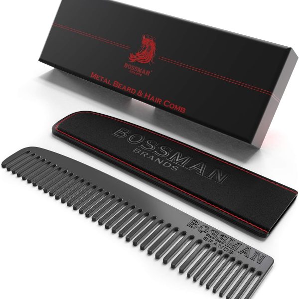 Bossman Metal Grooming Comb for Men - Mustache and Beard Styling Tool with Leather Pocket Case (Black)