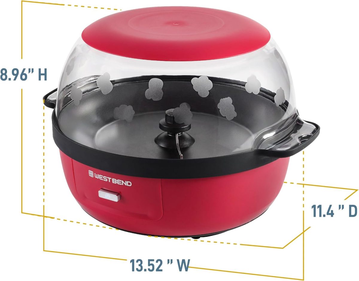 ⁦West Bend Stir Crazy Hot Oil Popper, Popcorn Maker with Large Serving Lid and Stirring Rod, 6 Quart, Red⁩ - الصورة ⁦6⁩