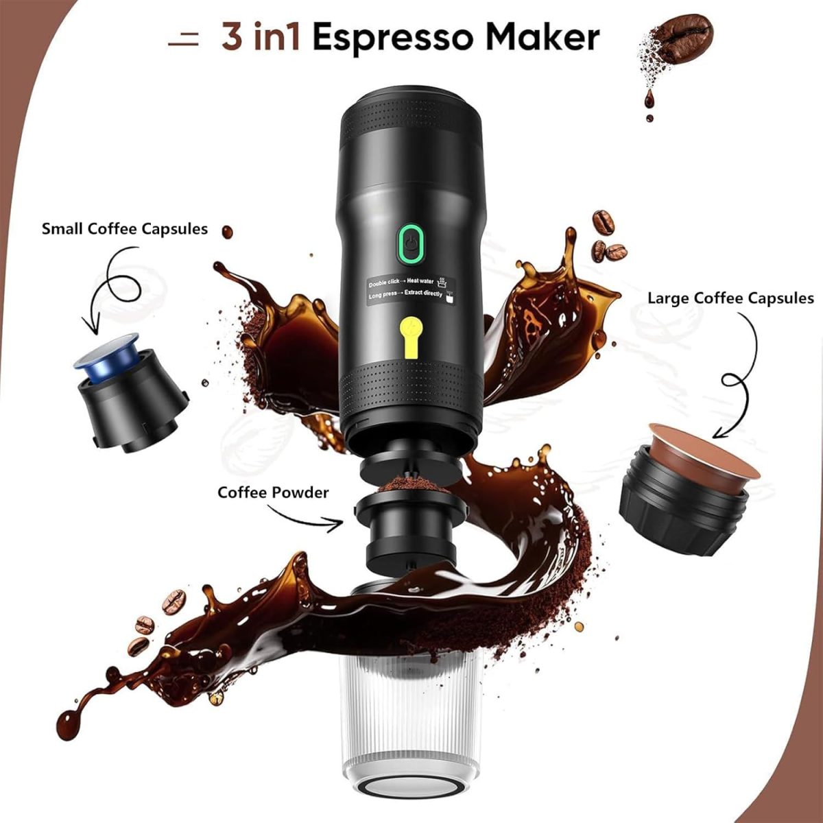 ⁦Portable Espresso Machine with USB Charging, 20Bar Electric Coffee Maker for Camping & Car Travel, Self-Heating NS/DG Capsule Compatible, IPX6 Waterproof, 7500mAh Battery (Black)⁩ - الصورة ⁦6⁩
