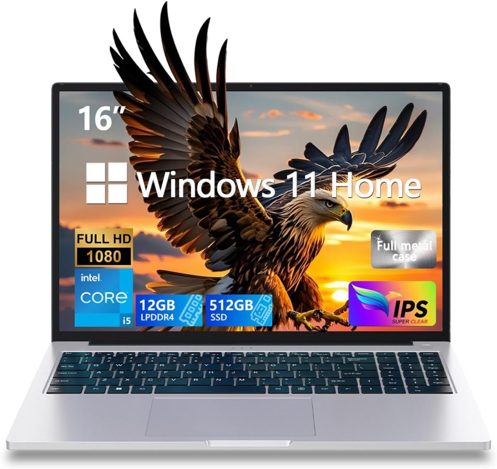 Gaming Laptop,Intel Core i5-Quad-Core Processor (Up to 3.5GHz), 16"FHD IPS 1920x1200 180° Viewing Angle,12GB DDR4+512GB SSD, WiFi&BT/USB3.2-Aluminum Win 11 Pro Laptop for Work/Gaming,Metallic Silver