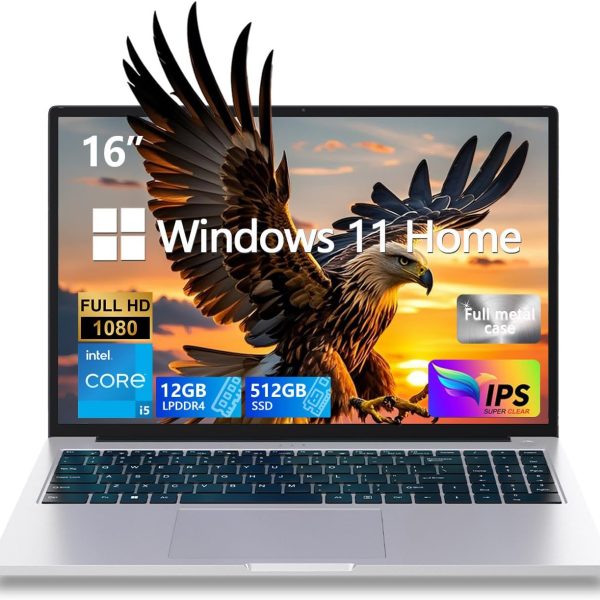 Gaming Laptop,Intel Core i5-Quad-Core Processor (Up to 3.5GHz), 16"FHD IPS 1920x1200 180° Viewing Angle,12GB DDR4+512GB SSD, WiFi&BT/USB3.2-Aluminum Win 11 Pro Laptop for Work/Gaming,Metallic Silver