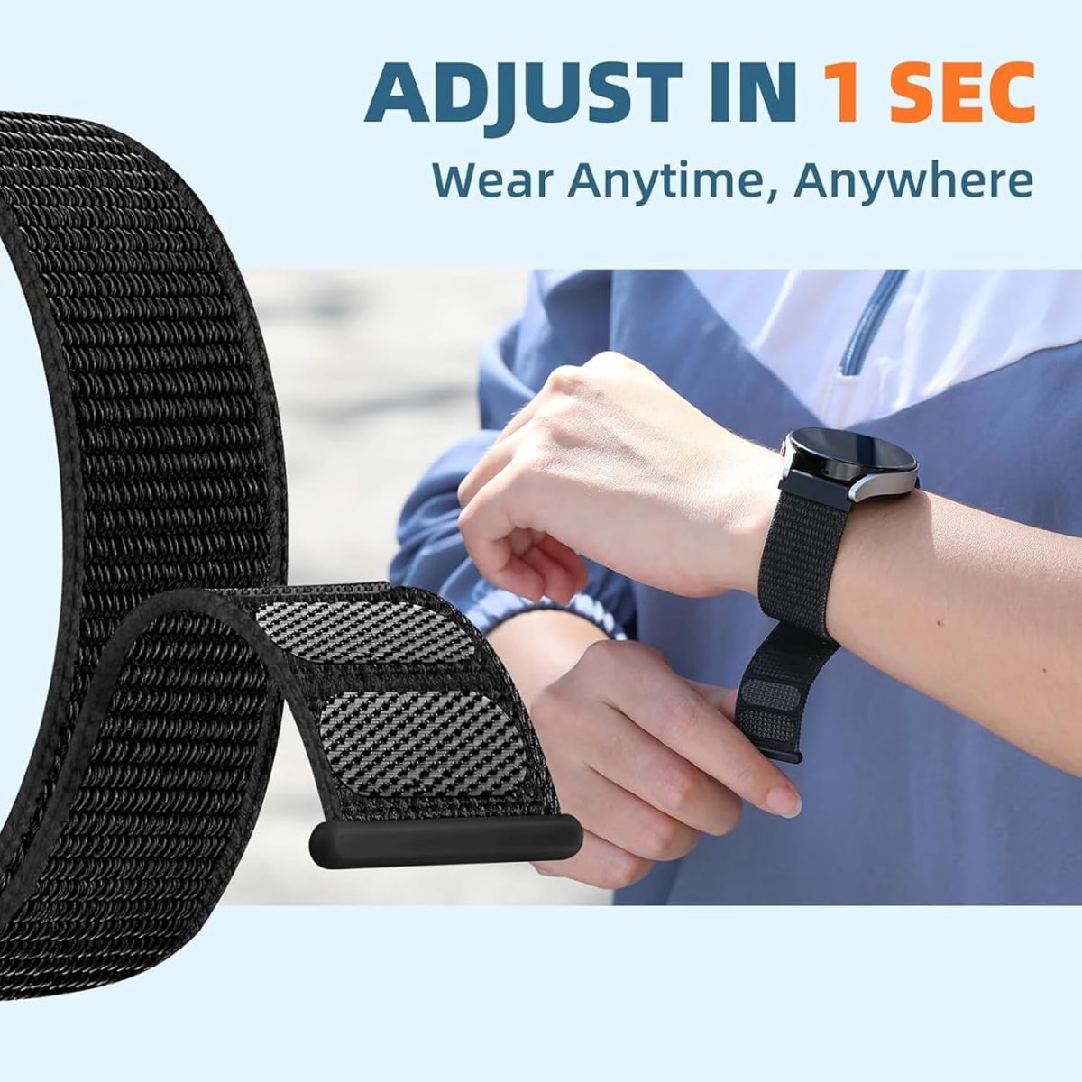 ⁦Adjustable Nylon Sport Watch Bands for Apple Watch,Strap Breathable Woven Sport ，Nylon Strap for Apple Watch Series 10 Strap 9 8 7 6 5 4 3 SE/2(20MM), One Size, One Size, Acetate, Sapphire⁩ - الصورة ⁦5⁩