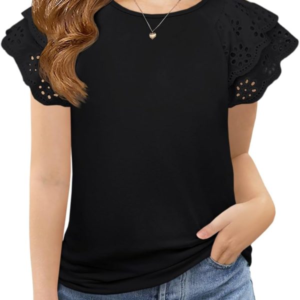 Haloumoning Girls Ruffle Sleeve T Shirts Summer Short Sleeve Casual Cute Crewneck Tops Tees 5-14 Years