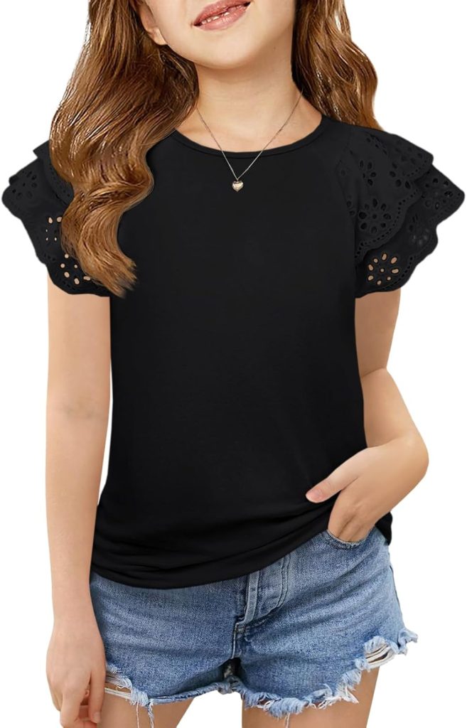 Haloumoning Girls Ruffle Sleeve T Shirts Summer Short Sleeve Casual Cute Crewneck Tops Tees 5-14 Years
