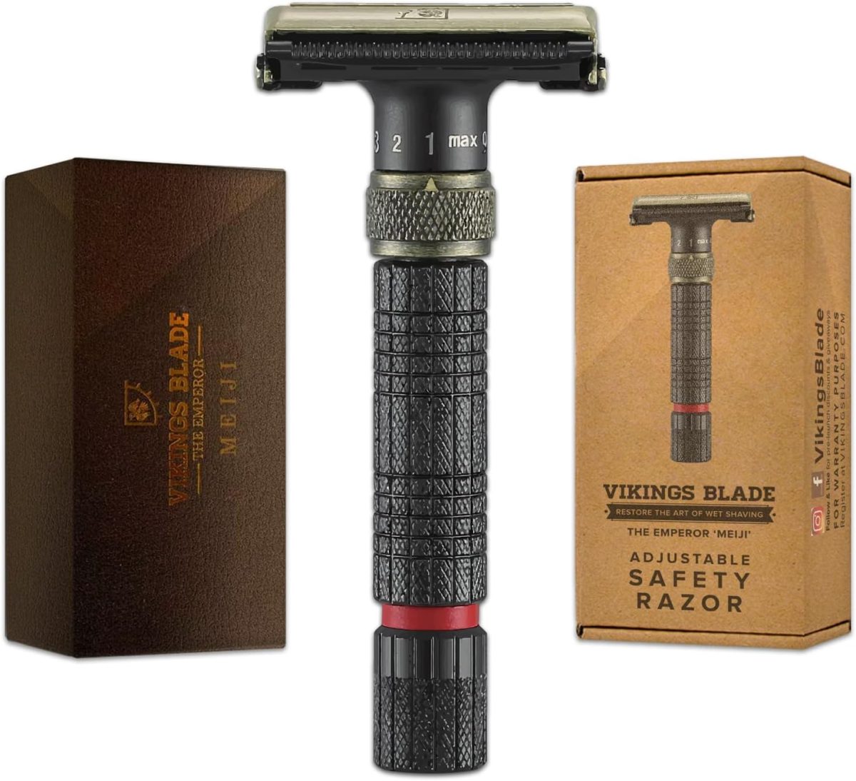 VIKINGS BLADE Adjustable Double Edge Safety Razor, The Emperor MEIJI by , Short & Fat Handle, Solid Brass, Butterfly Twist-To-Open, Eco Friendly, Luxury Case. Smooth, Close, Clean Shaving Razor