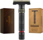 VIKINGS BLADE Adjustable Double Edge Safety Razor, The Emperor MEIJI by , Short & Fat Handle, Solid Brass, Butterfly Twist-To-Open, Eco Friendly, Luxury Case. Smooth, Close, Clean Shaving Razor