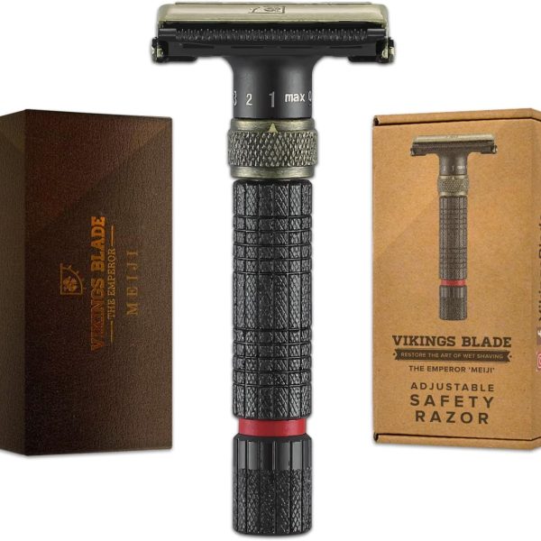 VIKINGS BLADE Adjustable Double Edge Safety Razor, The Emperor MEIJI by , Short & Fat Handle, Solid Brass, Butterfly Twist-To-Open, Eco Friendly, Luxury Case. Smooth, Close, Clean Shaving Razor