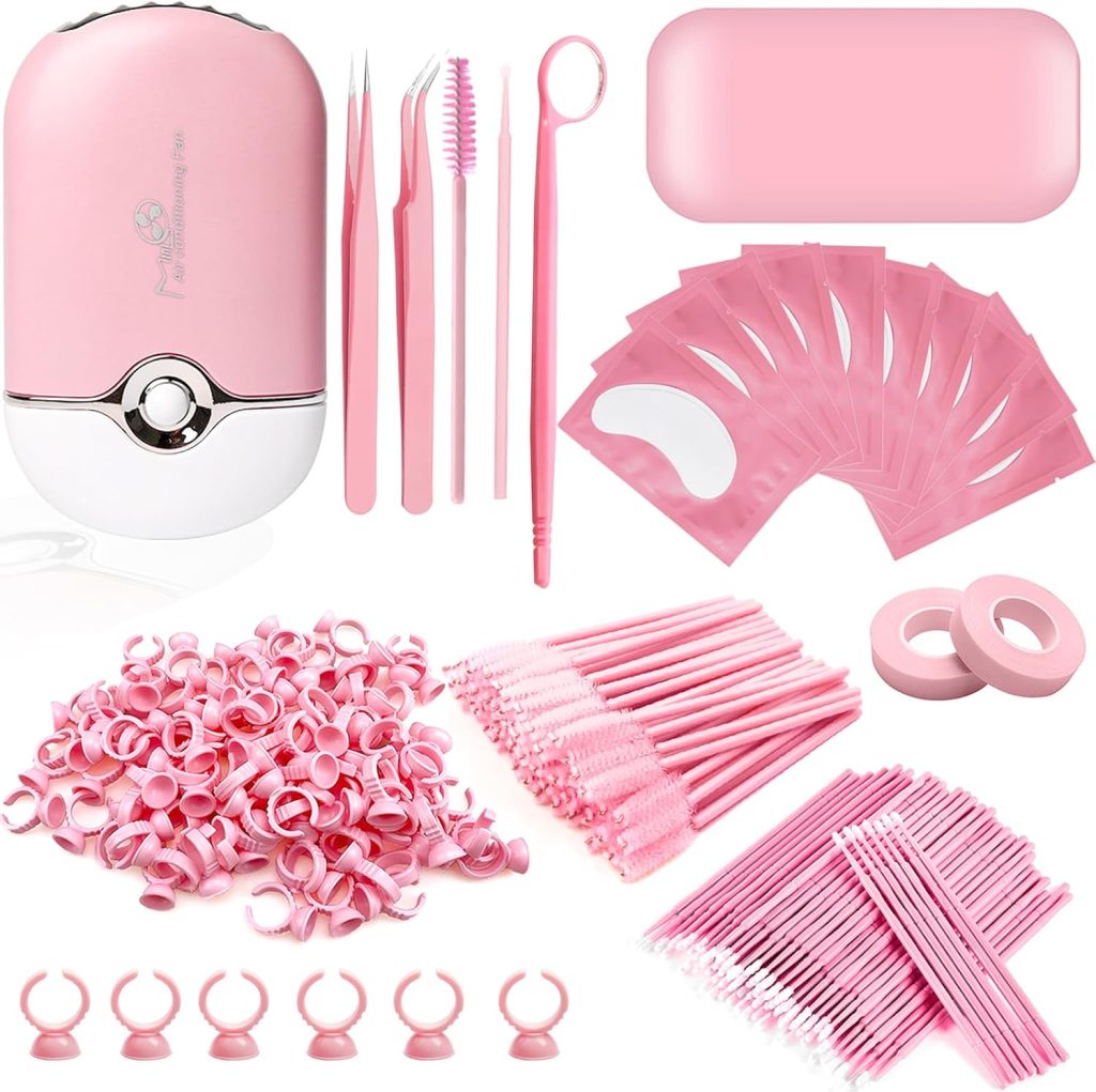 QUKLOGEN 267 PCS Eyelash Extension Supplies Lash Extension Kit USB Air Conditioning Blower,Silicone Pad,Under Eye Gel Pads,Mini Makeup Mirror,Tapes,Tweezers,Glue Rings,Eyelash Brushes,Mini Applicator