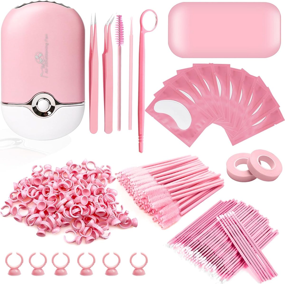 QUKLOGEN 267 PCS Eyelash Extension Supplies Lash Extension Kit USB Air Conditioning Blower,Silicone Pad,Under Eye Gel Pads,Mini Makeup Mirror,Tapes,Tweezers,Glue Rings,Eyelash Brushes,Mini Applicator