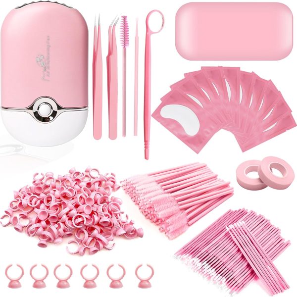 QUKLOGEN 267 PCS Eyelash Extension Supplies Lash Extension Kit USB Air Conditioning Blower,Silicone Pad,Under Eye Gel Pads,Mini Makeup Mirror,Tapes,Tweezers,Glue Rings,Eyelash Brushes,Mini Applicator