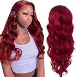 Long Wavy Wig, Wine Red Burgundy, 68 cm Length, Middle Part Lace Front, Heat Resistant Synthetic Hair