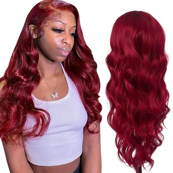 Long Wavy Wig, Wine Red Burgundy, 68 cm Length, Middle Part Lace Front, Heat Resistant Synthetic Hair