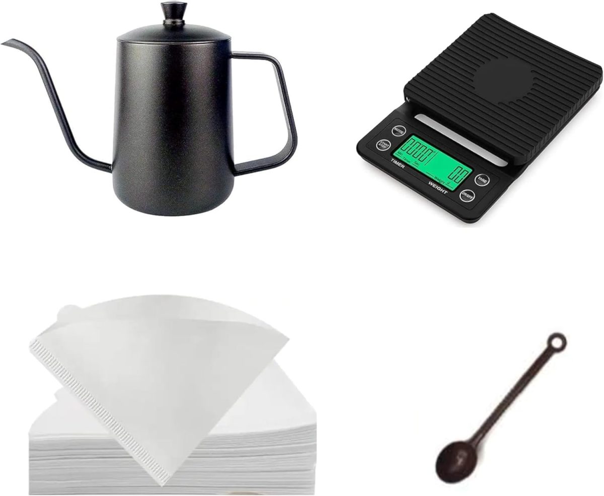 ⁦DOPPIO Electric 12 Pcs V60 Pour Over Manual Coffee Maker with Manual Grinder Dripper Set, Coffee Server Pot Size 02, V60 Glass Coffee Dripper with Wood Stand Dripper, Scale (Premium Kit)⁩ - الصورة ⁦7⁩