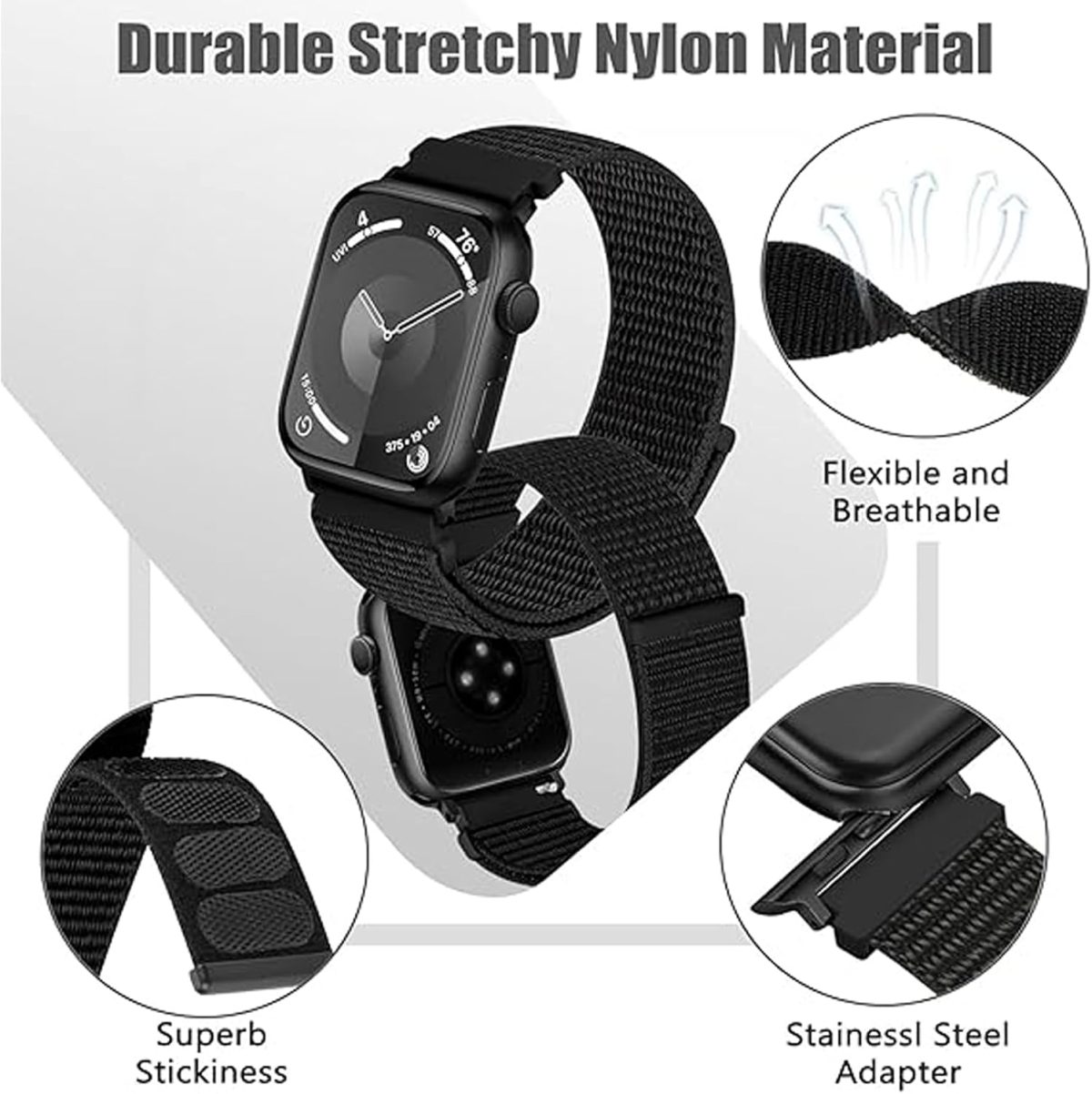 ⁦Adjustable Nylon Sport Watch Bands for Apple Watch,Strap Breathable Woven Sport ，Nylon Strap for Apple Watch Series 10 Strap 9 8 7 6 5 4 3 SE/2(20MM), One Size, One Size, Acetate, Sapphire⁩ - الصورة ⁦4⁩