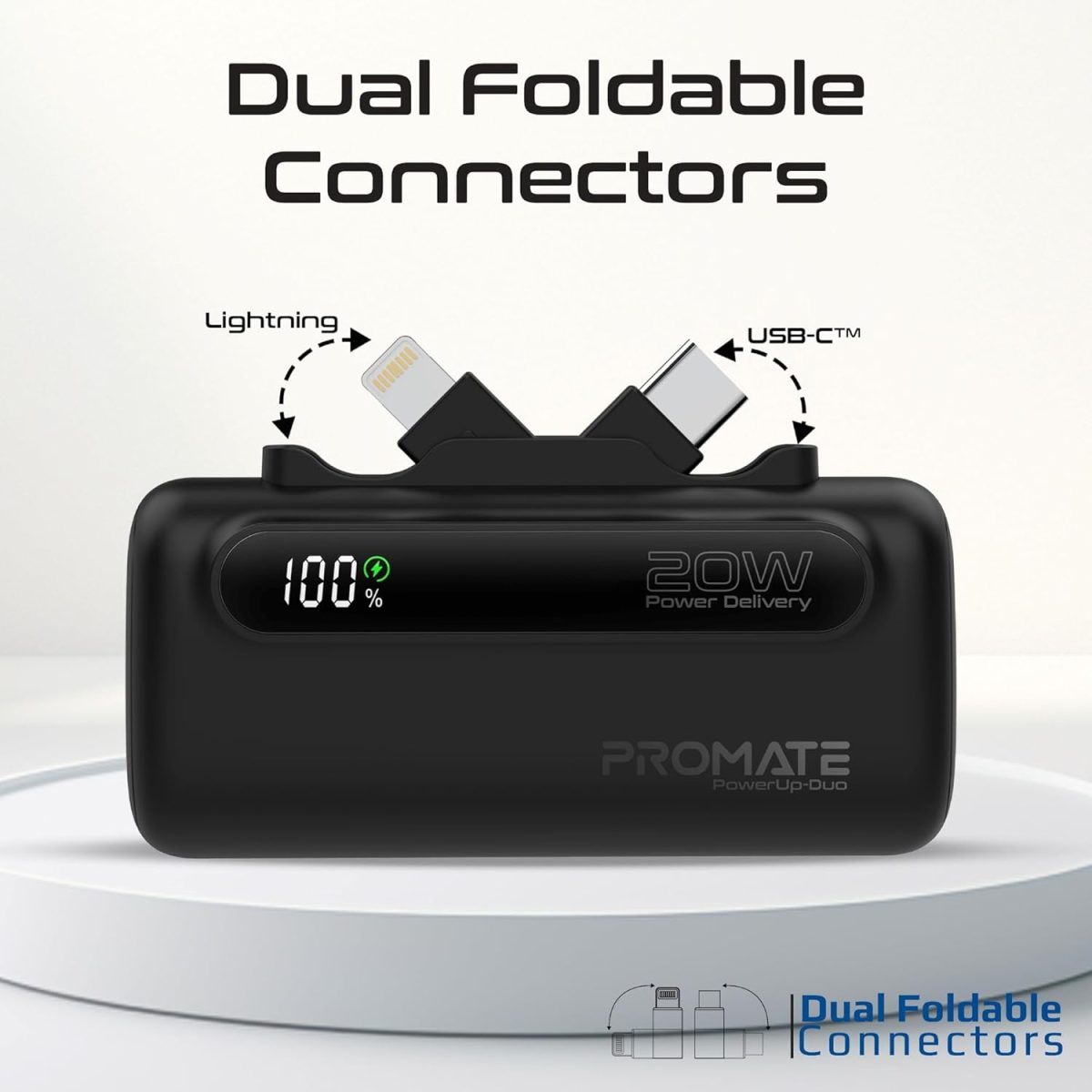 ⁦Promate Mini Power Bank, 5000mAh with 20W USB-C™ In/Out Foldable Connector, 12W Lightning Foldable Connector, LED Display, PowerUp-Duo (Black)⁩ - الصورة ⁦4⁩