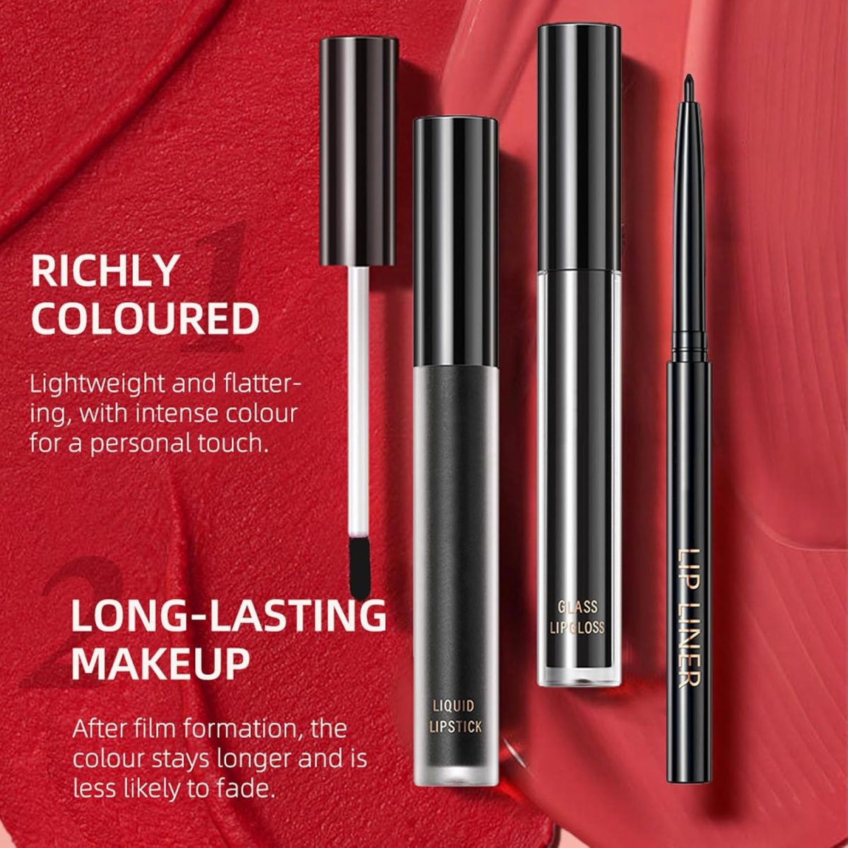 ⁦Black Lip Liner Lipstick Lip Gloss Set, 3Pcs Black Matte Liquid Lipstick Lip Stain, Long-Lasting Highly Pigmented Waterproof Lipgloss for Lips Makeup Kits Party, Halloween, Gothic Makeup⁩ - الصورة ⁦3⁩