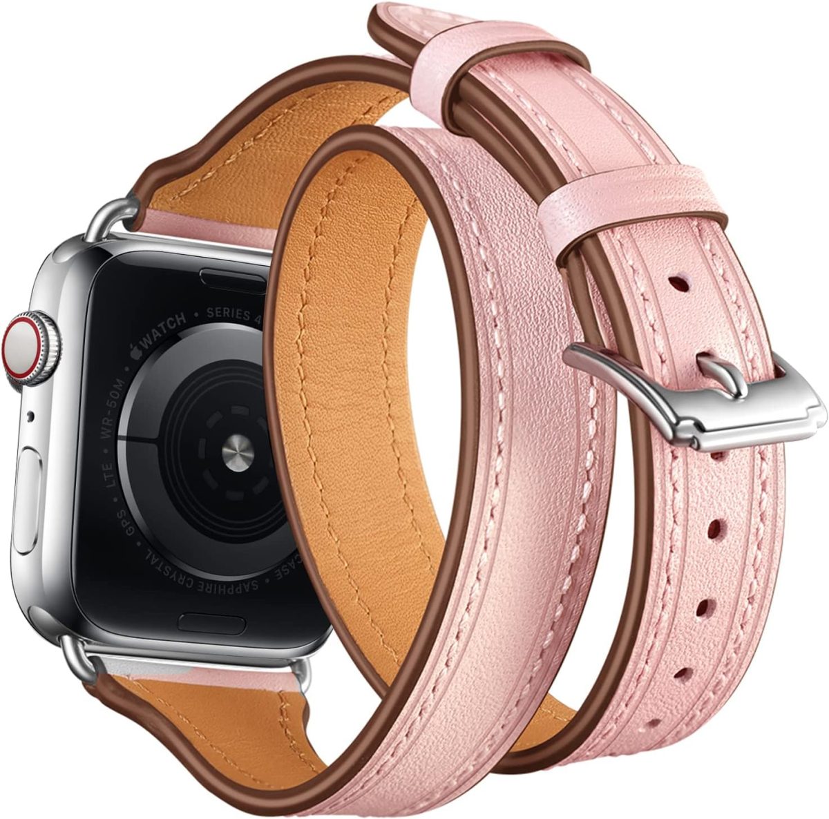 ⁦INFOSUN for Apple Watch Band 38mm 40mm 41mm Women Double Tour Leather Strap Bracelets Genuine Leather Wrist band Slim Replacement Strap for iWatch SE Series 9/8/7/6/5/4/3/2/1（38mm/40mm/41mm）Pink⁩ - الصورة ⁦2⁩
