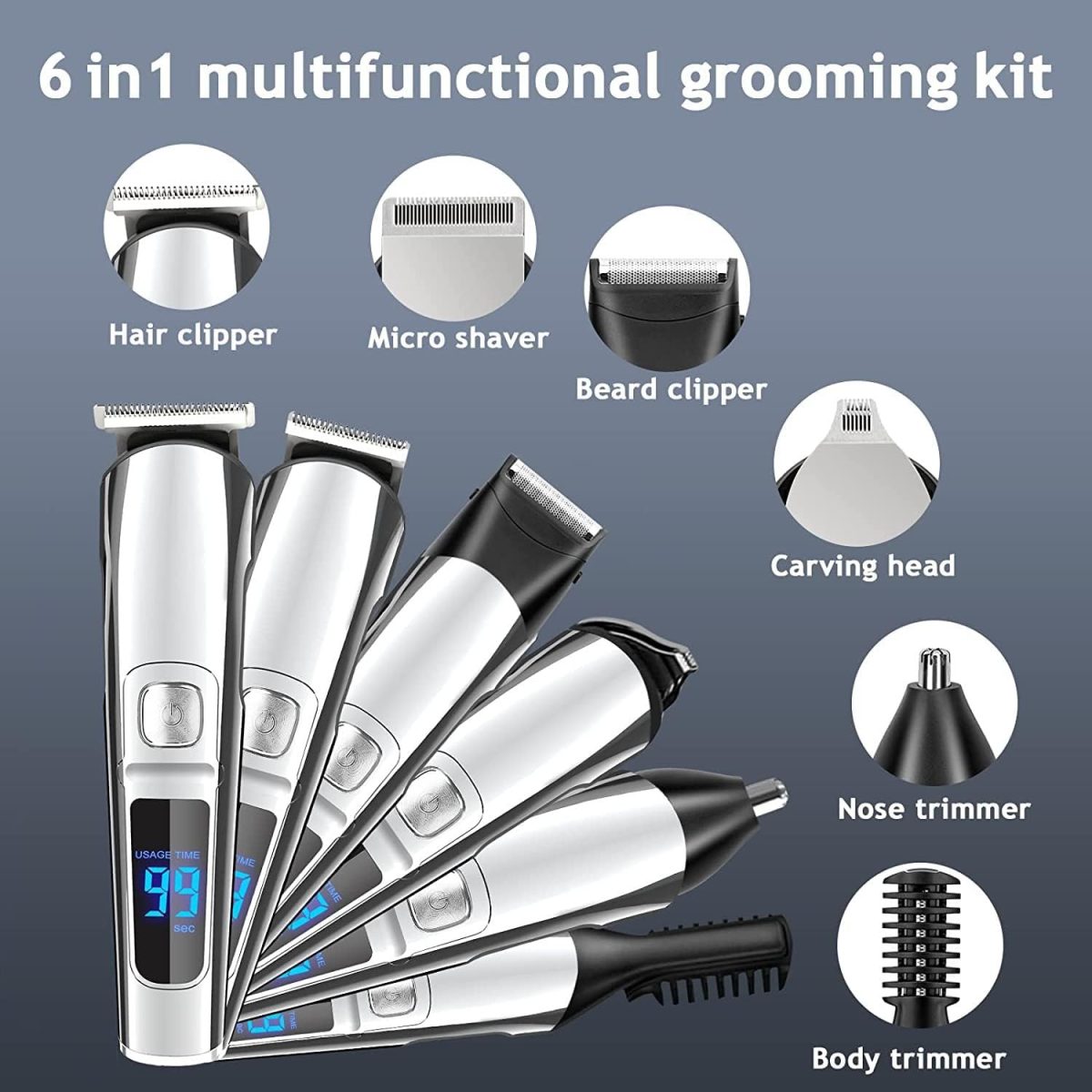⁦AMERTEER Hair Trimmer for Men, Beard trimmer, 6 in 1 Cordless Rechargeable Hair Clipper & Electric Mustache Trimmer, Waterproof Professional Grooming Kit for Beard Head Face and Body⁩ - الصورة ⁦3⁩