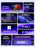 ⁦TOPGRO 15.6" Laptop Computer, Mouse and Mouse pad Included, Cerelon N5095, 16GB DDR4/512GB SSD, 1920x1080P, Fingerprint Reader, WiFi5, BT4.2, USB3.0, MINI HDMI, Windows11 Pro, Backlit KB⁩ - الصورة ⁦2⁩