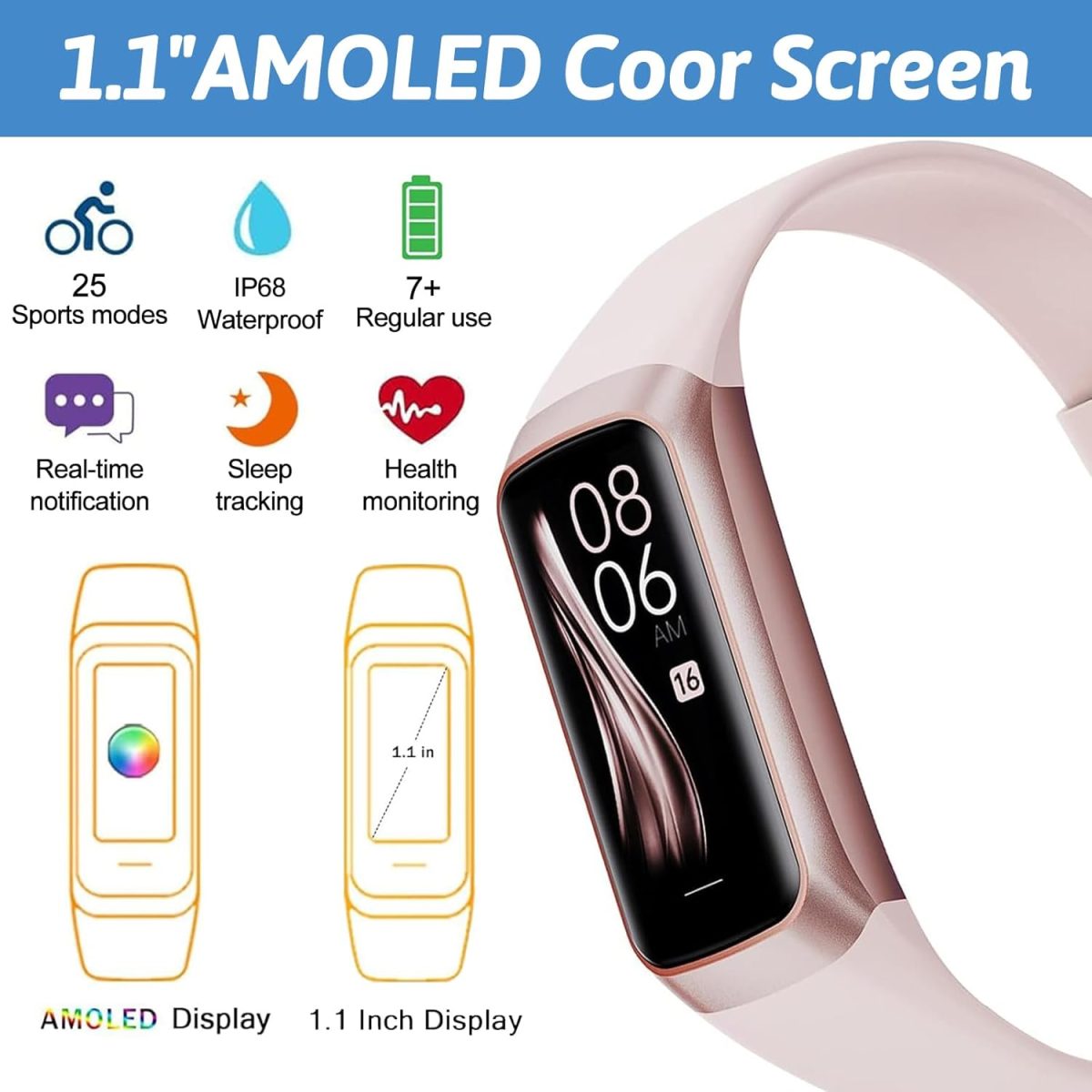 ⁦Smart Activity Tracke with1.1' Slim-thin Fitness Band, Fitness Tracker with Blood Oxygen Heart Rate & Sleep Monitor, 25+ Sport Modes with Step Count for Women&Men, IP67 Waterproof for Andorid iOS Pink⁩ - الصورة ⁦3⁩