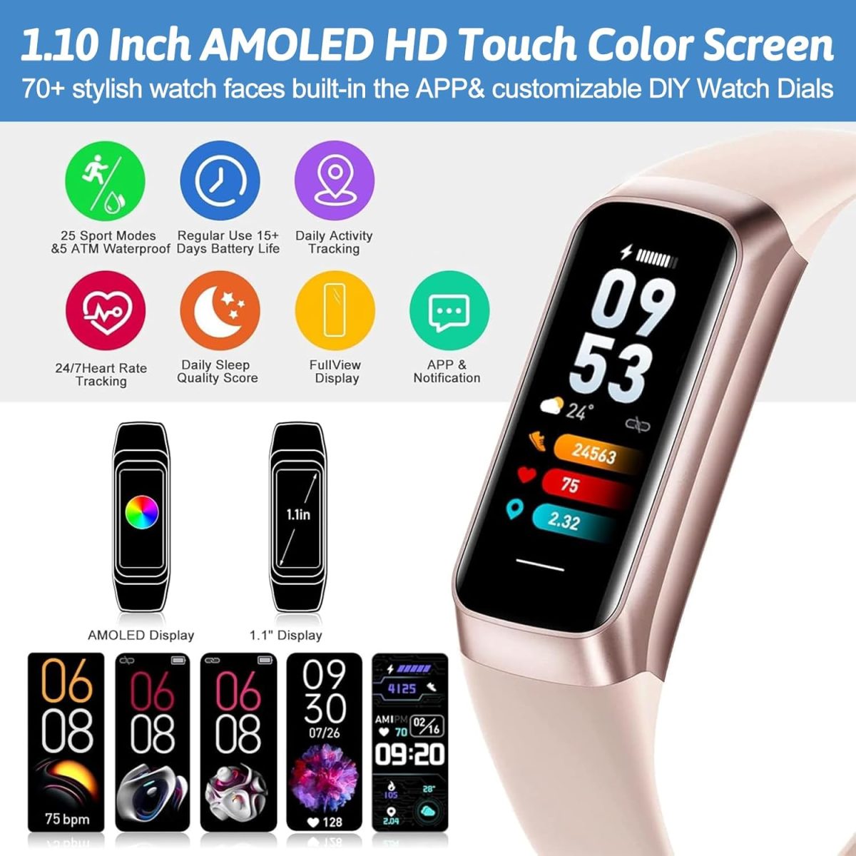 ⁦Smart Activity Tracke with1.1' Slim-thin Fitness Band, Fitness Tracker with Blood Oxygen Heart Rate & Sleep Monitor, 25+ Sport Modes with Step Count for Women&Men, IP67 Waterproof for Andorid iOS Pink⁩ - الصورة ⁦2⁩