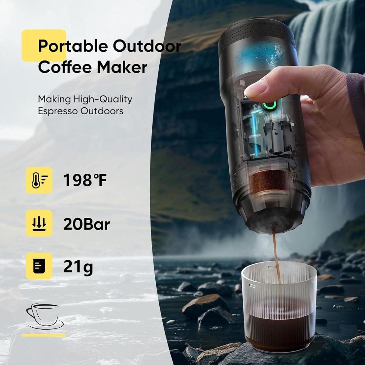 ⁦Portable Espresso Machine with USB Charging, 20Bar Electric Coffee Maker for Camping & Car Travel, Self-Heating NS/DG Capsule Compatible, IPX6 Waterproof, 7500mAh Battery (Black)⁩ - الصورة ⁦3⁩