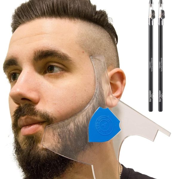 Aberlite Beard Shaper - Beard Lineup Tool W/Barber Pencil (White) - 100% Clear | Many Styles | Long Edges | Anti-Slip - The Ultimate Beard Shaping Tool (Blue) - Beard Stencil Guide - Works w/Trimmer