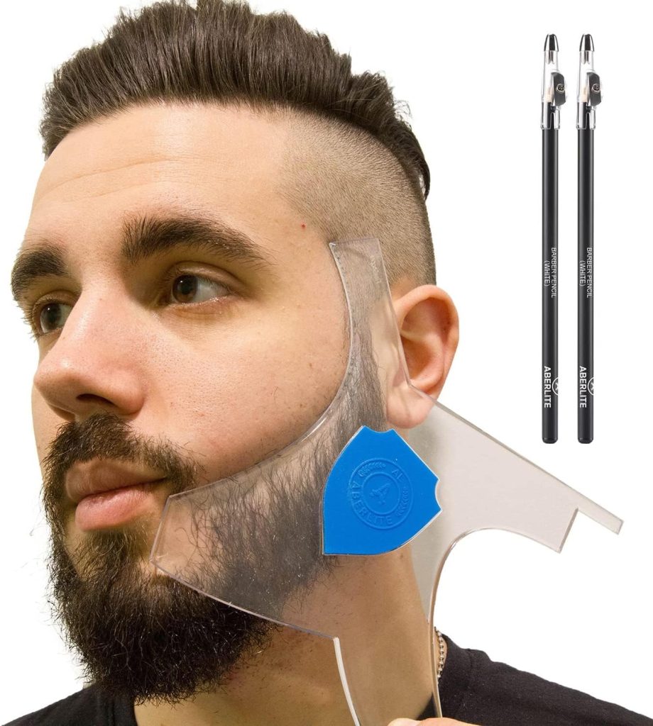 Aberlite Beard Shaper - Beard Lineup Tool W/Barber Pencil (White) - 100% Clear | Many Styles | Long Edges | Anti-Slip - The Ultimate Beard Shaping Tool (Blue) - Beard Stencil Guide - Works w/Trimmer