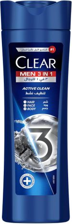 Clear Men 3in1 Shampoo for men, anti dandruff shampoo for Hair, Face & Body, Active Clean, 100% dandruff-free scalp^, refreshed & moisturized skin, 400ml