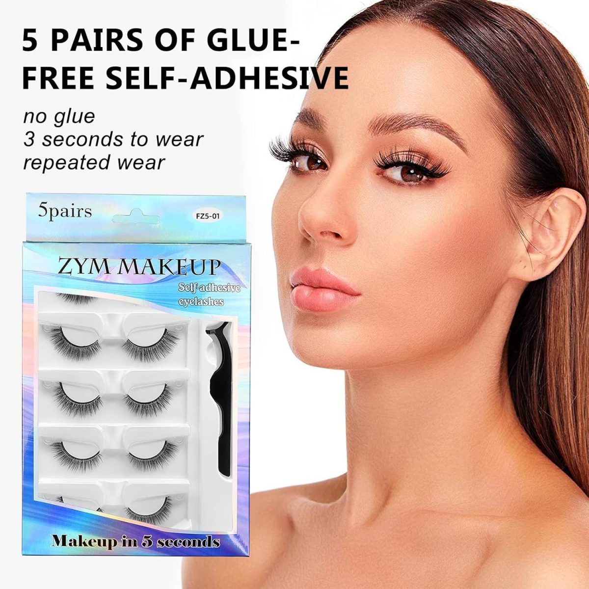 ⁦Hepiide 5 Pairs Self Adhesive Eyelashes: with Tweezers - No Glue Needed - Reusable Self Adhesive Eyelashes - False Eyelashes for Beginners (FZ5-06)⁩ - الصورة ⁦6⁩