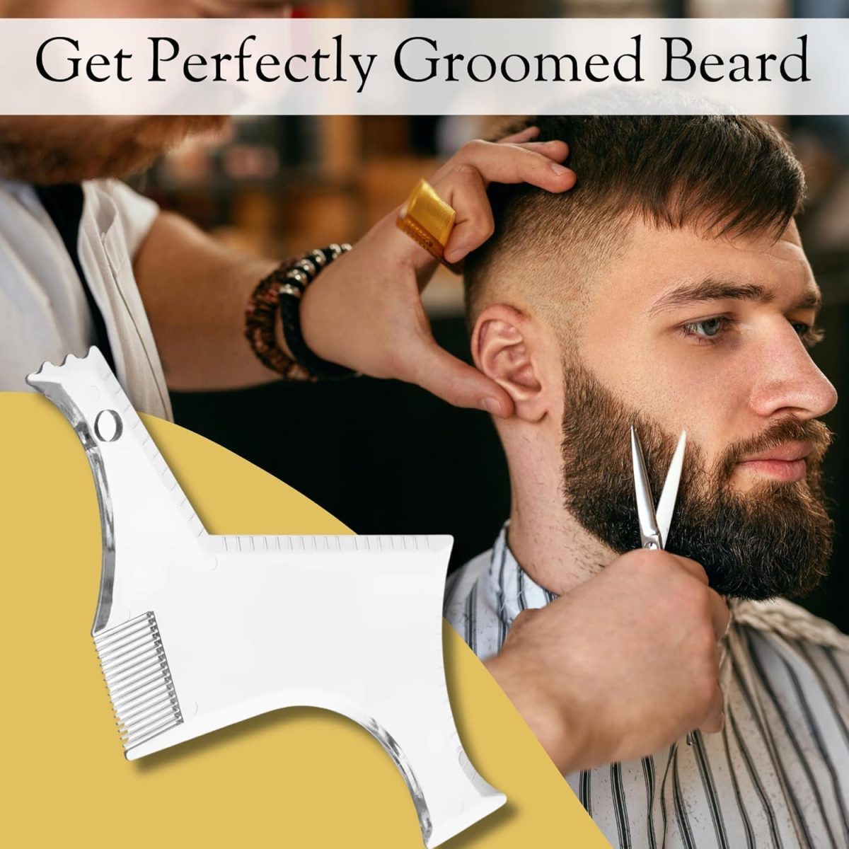 ⁦2 Pack Beard Shaping Styling and Haircut Tools for Men: Perfect for Men for Hairline Line-up, Edging - Stencil/Template for Trimming, Mustache, Goatee, Neckline, Great Gift, Black +Transparent⁩ - الصورة ⁦2⁩