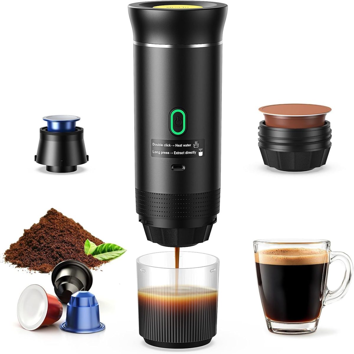 Portable Espresso maker, Travel Coffee Machine for Camping, Car Self-Heating Coffee Maker with USB-C,Compatible With Ground Coffee & NS Capsules, Portable Espresso Machine for RV, Hiking (Black)