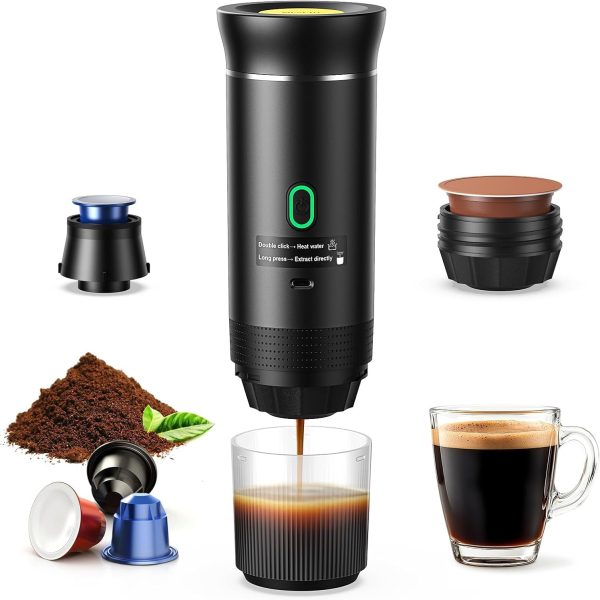 Portable Espresso maker, Travel Coffee Machine for Camping, Car Self-Heating Coffee Maker with USB-C,Compatible With Ground Coffee & NS Capsules, Portable Espresso Machine for RV, Hiking (Black)