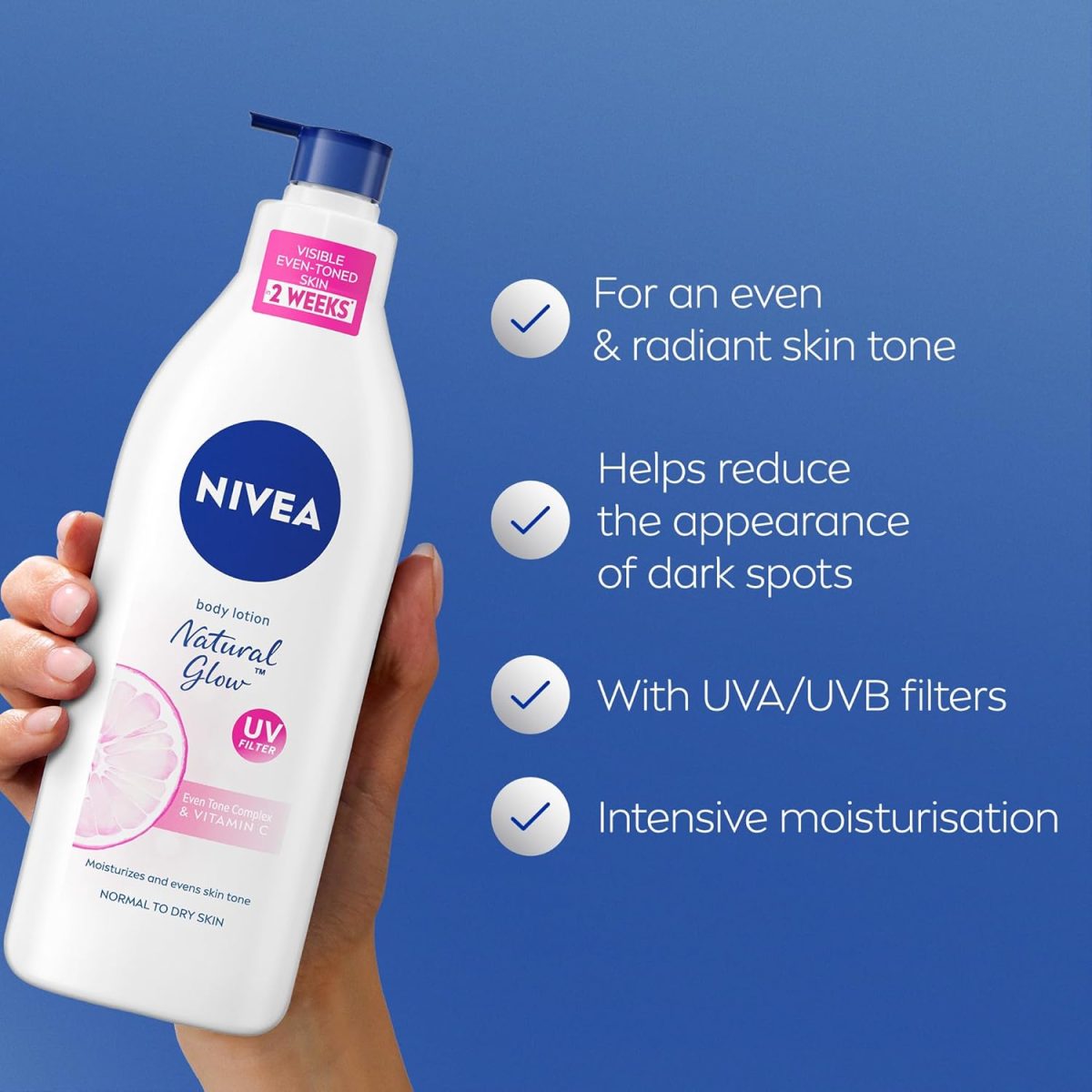 ⁦NIVEA Body Lotion for Normal to Dry Skin, Natural Glow, with Vitamin C and UV Filter, Moisturizes and Evens Skin Tone, 3x400ml⁩ - الصورة ⁦2⁩