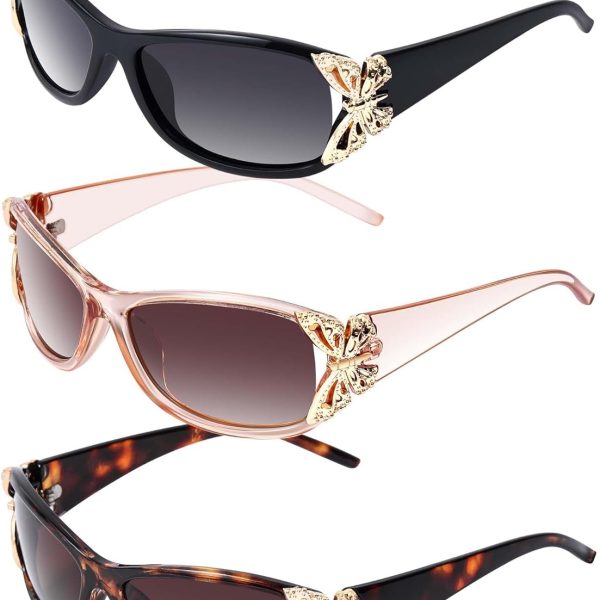 NALACAL 3 Pcs Polarized Sunglasses for Women Girls, UV Protection Fashion Decoration Wrap Around Butterfly Sunglasses, Trendy Sun Shades UV Protection Lightweight for Summer Driving Fishing, 3 Style