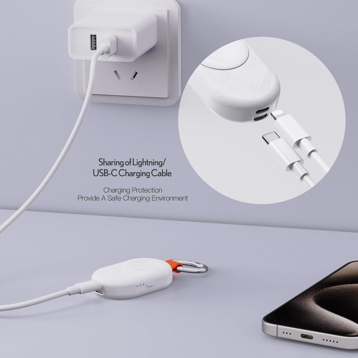 ⁦PZOZ Portable Apple Watch Charger, 1200mAh Mini Power Bank Wireless Charging for Apple Watch Series 10 9 Ultra 8 7 6 5 4 3 2 SE, Travel iWatch Charger with Keychain (Type C+Lightning) (white)⁩ - الصورة ⁦5⁩