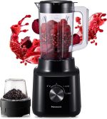 Panasonic blender with powerful 450w motor, curved stainless steel blade for smooth blending, 1.45l plastic jug for easy handling, 1 dry mill for grinding, 2 speed+1 pulse -MX-CP3111