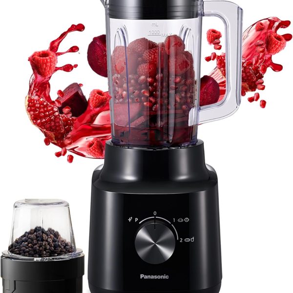 Panasonic blender with powerful 450w motor, curved stainless steel blade for smooth blending, 1.45l plastic jug for easy handling, 1 dry mill for grinding, 2 speed+1 pulse -MX-CP3111