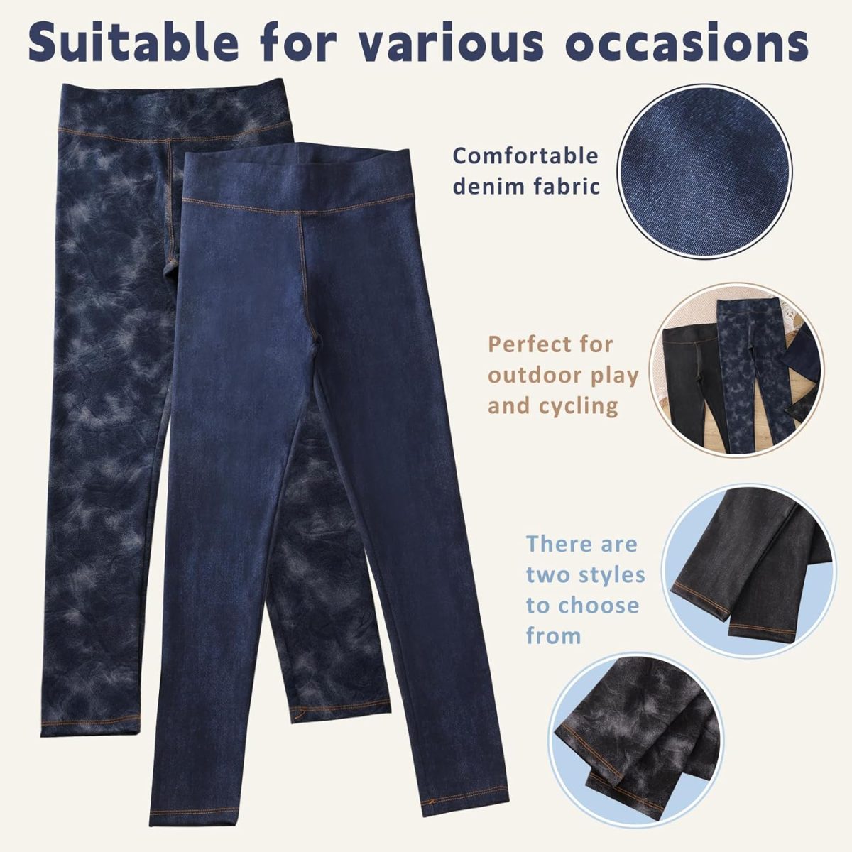 ⁦Chicduo 4 Pack Girls Leggings Girls Imitation Denim Print Leggings Girl's Stretchy Pants Kids High Waist Slim Pants⁩ - الصورة ⁦3⁩