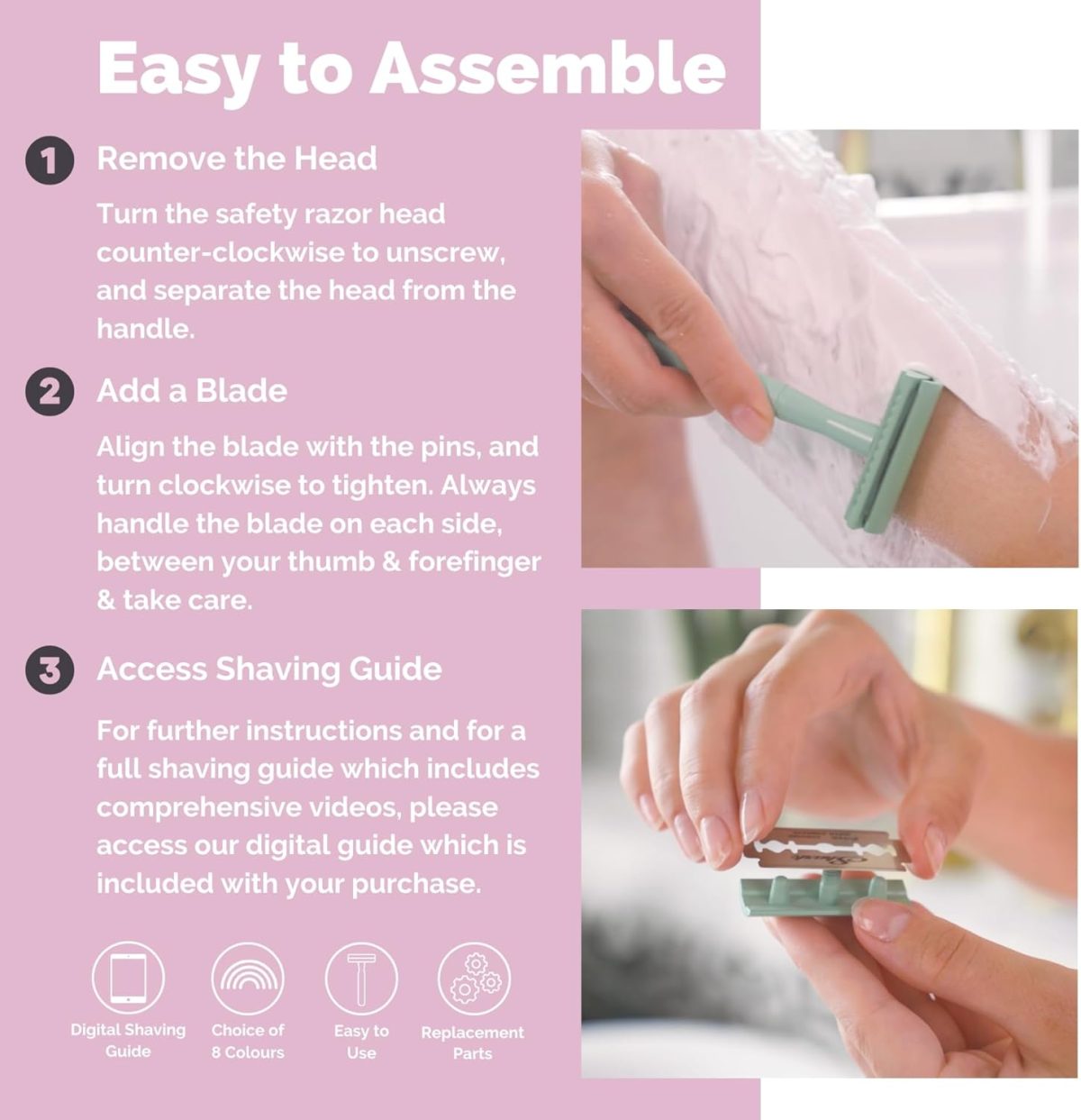 ⁦Jungle Culture Safety Razor with 10 Double Edge Blades • Single Blade Metal Razors for Women & Men for Body & Face • Eco Friendly & Reusable Shaver • Pink⁩ - الصورة ⁦5⁩