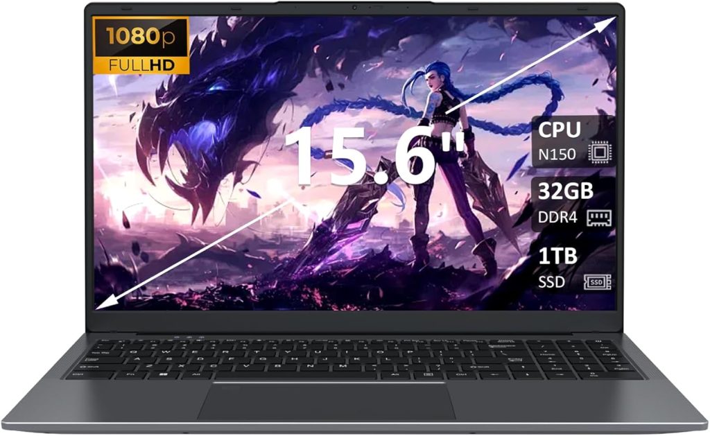 32GB RAM Laptop Computer with 1TB NVMe SSD, Intel N150 Quad-Core Processor(Up to 3.6GHz), 15.6" FHD IPS Display, 8000mAh Battery, Backlit Keyboard, Privacy Webcam, Fingerprint Unlock, Win11 Pro