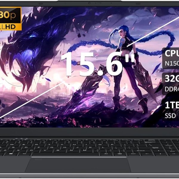32GB RAM Laptop Computer with 1TB NVMe SSD, Intel N150 Quad-Core Processor(Up to 3.6GHz), 15.6" FHD IPS Display, 8000mAh Battery, Backlit Keyboard, Privacy Webcam, Fingerprint Unlock, Win11 Pro