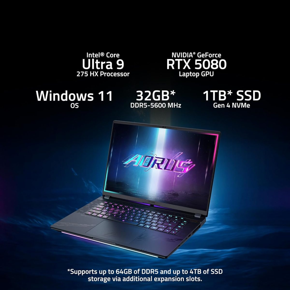 ⁦GIGABYTE AORUS Master 16 Gaming Laptop - 240Hz 2560x1600 OLED - NVIDIA GeForce RTX 5080 - Intel Core Ultra 9 275HX - 1TB SSD with 32GB DDR5 RAM - Windows 11 Home AD (AORUS Master 16 BYH-C5USE64SH)⁩ - الصورة ⁦7⁩